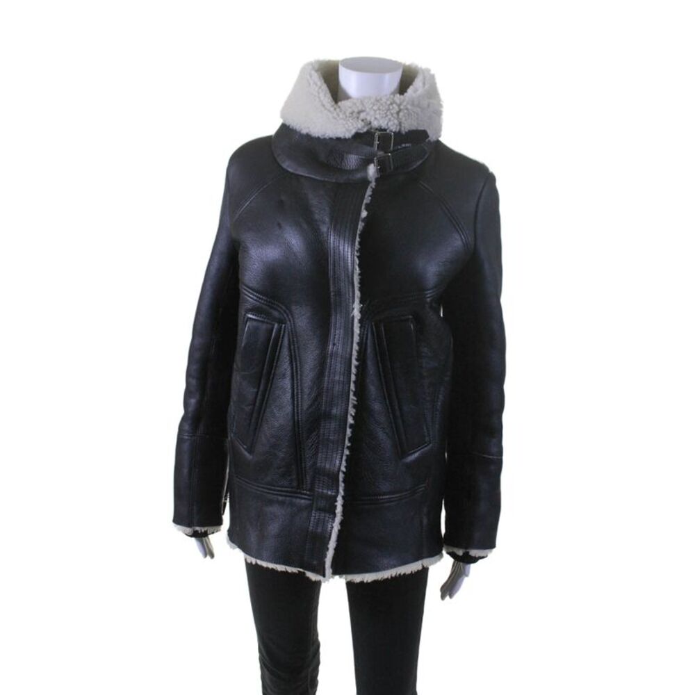 IRO Womens Dafny Leather Shearling Lined Full Zip Collared Coat Black 34